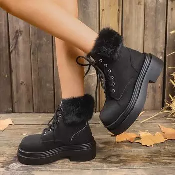 2024 Winter Hot Selling High Quality Women s Shoes Solid Color Round Toe High Heel Lace Up Short Leg Women s Fashion Boots 35 чёрный