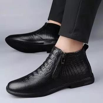 2024 Winter Hot Selling Men s Genuine Leather Boots Simple Ankle Boots Men s Banquet Formal Short Boots Warm Plush Casual Boots 36 чёрный