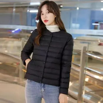 2024 winter Korean version slim-fitting short collarless long-sleeved down jacket women s light and thin down jacket solid color thin liner S чёрный