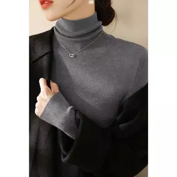 2024 Winter New Arrival Dark Brown Bottoming Shirt Female Heap Collar Long Sleeves Knitting Sweater Western Style Unique Chic Tops Dark gray 3XL([Recommended 70.00 kg-75.00 kg]])