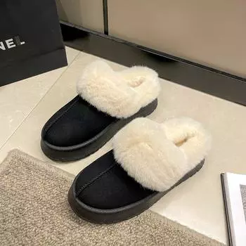 2024 winter new bag head snow slippers women wear thick-soled piled thickened warm indoor cotton shoes fluffy shoes 36 чёрный