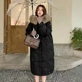 2024 winter new down cotton clothes women s thickened medium and long knee cotton-padded clothes jacket black and white spandex S чёрный