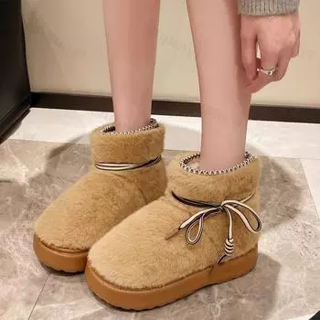 2024 Winter New Fashion Bowknot Women s Boots Designer Short Plush Snow Boots Ladies Fluffy Mid-calf Boots Platform Cotton Shoes 36-37 белый