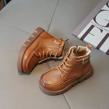 2024 Winter New Fashion Buckle Boys Short Boots Baby Anti Slip Plush Children s Casual Boots Solid Color Leather Boots for Girls 26 чёрный