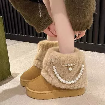 2024 Winter New Fashion Casual Women s Boots Thick Sleeve Short Plush Snow Boots Women s Mid-tube Splicing Large Size 43 36 серый