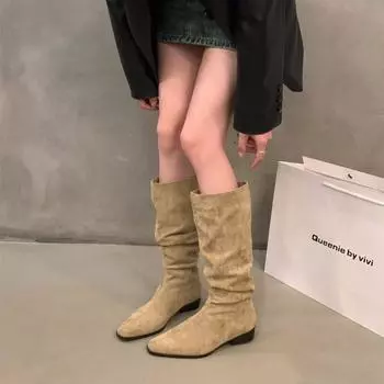 2024 Winter New Fashion Women s Boots Solid Color Pointed Toe Low Heel Sleeve Suede Square Heel Women s High Fashion Boots 35
