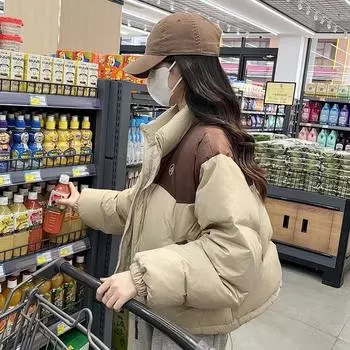 2024 winter new Korean version fashion color matching stand-up collar short down jacket women s thickened warm casual temperament bread jacket S чёрный