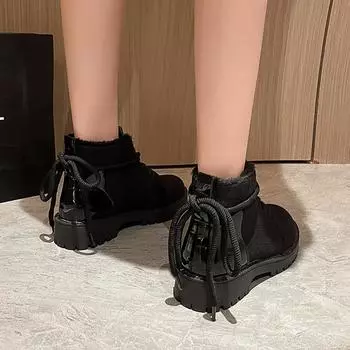 2024 winter new Korean version linen winding belt black small short boots suede lace-up square heel cotton Martin boots 35