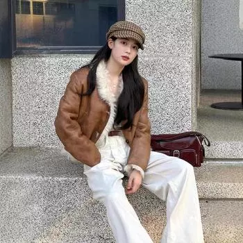 2024 winter new lamb fur integrated fur top on both sides women s short small retro coat S