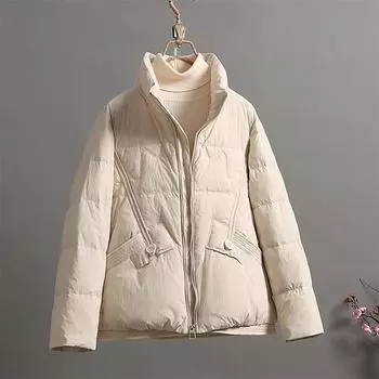 2024 winter new literary high-end light and thin down jacket women s short stand-up collar white duck down small loose coat S чёрный