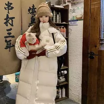 2024 winter new loose hooded knee long down cotton-padded female students thickened warm cotton-padded tide M бежевый