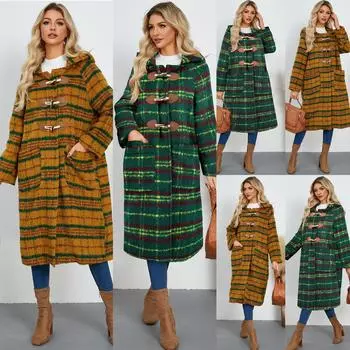 2024 Winter New Loose Retro Hooded Warm plaid Long Coat S