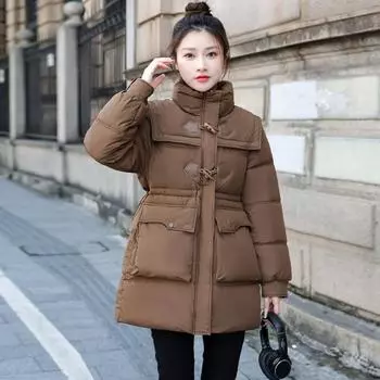 2024 winter new medium and long down cotton clothes, foreign style women s loose and thin versatile waist warm thickened coat S чёрный