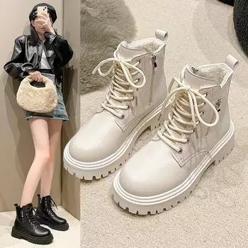 2024 Winter New Outdoor Women s Lace-up Simple Solid Color Fashion Women s Shoes Versatile Short Fashion Boots 35 бежевый