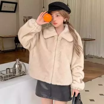 2024 winter new product mink fur imitation fur jacket plush clothes fashion square collar women s zipper wool jacket S абрикосовый