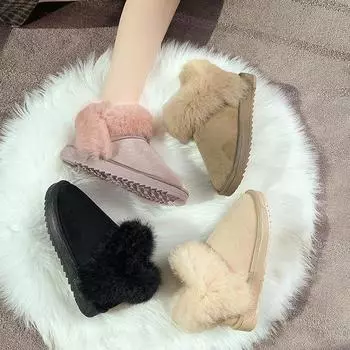 2024 winter new rabbit fur snow cotton one-pedal student versatile snow boots women s fashion thick-soled velvet cotton shoes 35 розовый