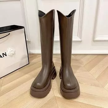 2024 Winter New Round Headed Thick Bottom Waterproof Platform with Velvet Warmth Outer Wear Women Long Tube Boots Women s Boots 35 чёрный