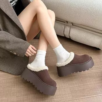 2024 Winter New Style Comfortable and Warm Suede Slippers for Women Thick-soled Thickened Warm Short-tube Cotton Slippers 35 верблюд