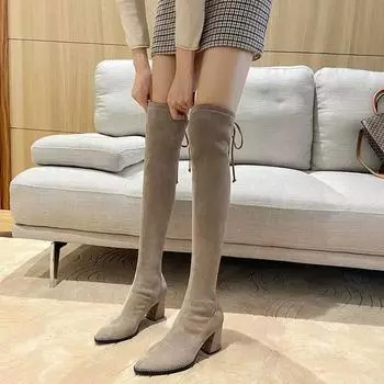 Зимние женские модные сапоги 2024 года с рукавами нового стиля, выше колена, на высоком каблуке, с острым носком, замшевая резиновая подошва, противоскользящая 35 чёрный