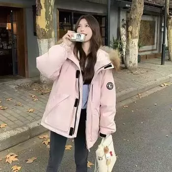 2024 winter new tooling down jacket women s pie overcome short Korean version fashion loose thickened large fur collar jacket XS size is suitable for 85 to 55 kg