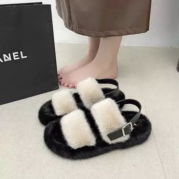 2024 winter new velvet outer wear fluffy slippers to keep warm gentle and cute girl heart versatile and comfortable 35 коричневый