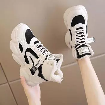 2024 winter new velvet thickened warm high-top cotton shoes muffin thick-soled sports little white shoes dad shoes versatile 35 чёрный