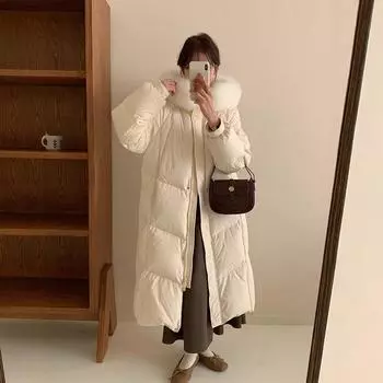 2024 winter new white goose down jacket women s hooded big fur collar long knee loose thickened high-end coat XS size is suitable for 85 to 55 kg