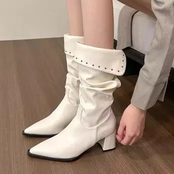 2024 Winter New Women Mid-Calf Boots Chunky Pointed Toe Leather Shoes Trend Fashion Pumps Woman High Heels Snow Long 34 чёрный