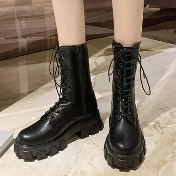 2024 Winter New Women s Mid-calf Boots Fashion Cross Lace Brand Design PU Leather Elegant Solid Color Thick Bottom Women s Boots 35 чёрный