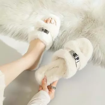 2024 Winter New Women s Plush Slippers Korean Style Fashionable Metal Design Flip-flops Mules Ladies Casual Flat Shoes 41-44 35 чёрный