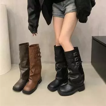 2024 Winter Platform Women Long Boots Fashion Back Suded Knee High Boots Female Elegant Square Heel Women s Pumps 35 чёрный