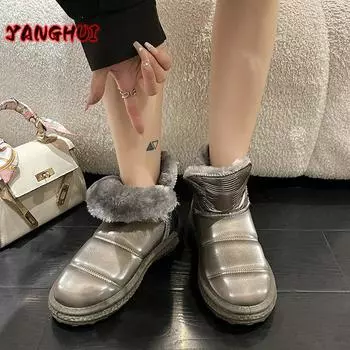 2024 Winter Plush Cuffed Patent Leather Snow Boots Comfortable Warm Casual Women s Shoes Versatile and Elegant Botte Femme Hiver 36 серый