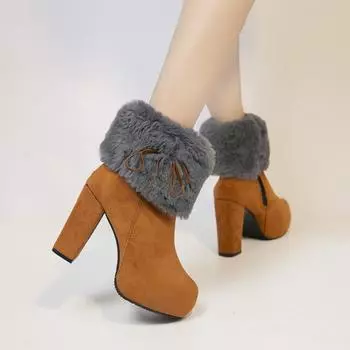 2024 Winter Shoes Women High Heels Boots Fur Warm Shoes Fashion Boots for Women Winter High Heels Super Square High Heel 34 чёрный