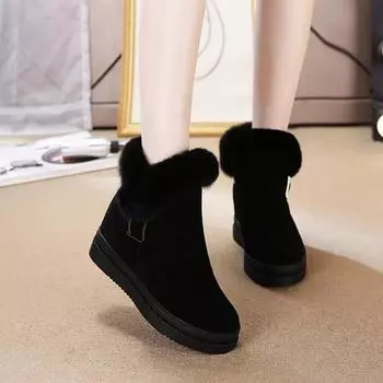 2024 Winter Shoes Women Snow Boots Height Increasing 7.5cm Non-slip Warm Plus Genuine Leather Women Ankle Boots Pure Black D188 34 чёрный