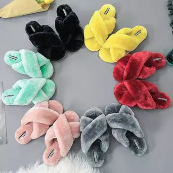 2024 Winter Slippers Women Fashion Cross Fluffy Fur Slipper Home Slides Flat Indoor Floor Flip Flops Ladies Soft Plush Slippers 34-35 розовый