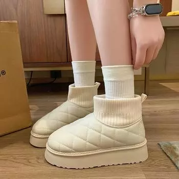 2024 Winter Thickened Plush Warm Snow Boots Women s Slip-On Flat Heel Anti-Slip Waterproof Ankle-length Cotton Shoes 35 бежевый