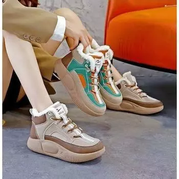 2024 winter thickened round head lace-up muffin bottom high-top boots casual shoes color matching thick-soled warm women s snow boots 36