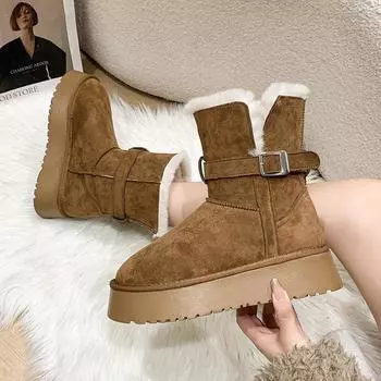 2024 зимние сапоги с двумя лацканами, утепленные зимние ботинки, новые теплые хлопковые ботинки с толстой подошвой и пряжкой на ремне, женские пушистые ботинки среднего размера 35
