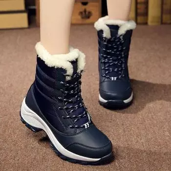 2024 Winter Velvet Snow Boots Womens Large Size 41 42 Waterproof Lace-up Womens Shoes Platform Flat Mid-tube Warm Cotton Boots 35