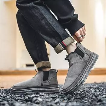 2024 winter velvet warm cotton shoes thick sole heightening anti-velvet cold-proof high-top outdoor leather boots trendy tooling shoes men 39 чёрный