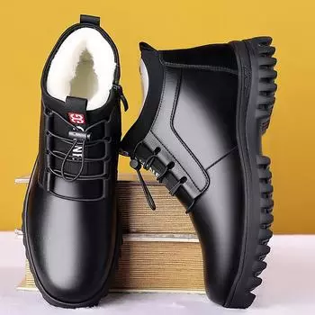 2024 winter velvet warm thickened men s cotton shoes trendy high-top non-slip snow boots cold-proof one-pedal leather boots 38 чёрный