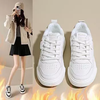 2024 winter velvet women s white shoes, fashionable flat-soled single shoes, Korean version of versatile women s shoes 35