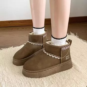 2024 Winter Warm Female Ankle Snow Boots Wear Resistant Round Toe Flats Casual Comfortable Ladies Black Shoes Botines Mujer 36 чёрный