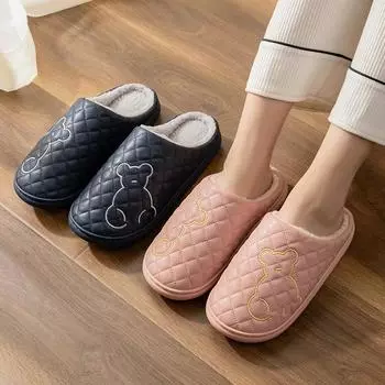 2024 Women and Men Winter Slippers Indoor PU Leather Waterproof Cotton Slippers Warm Home Fur Couple Non-slip Toe Wrap Slipper 36-37 жёлтый
