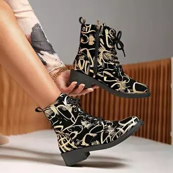 2024 Women Ankle Boots Trendy New Style Lace-up Design Low-heeled Motorcycle Boots Zapatos Pointed Toe Punk Style Botas De Mujer 35 золотой