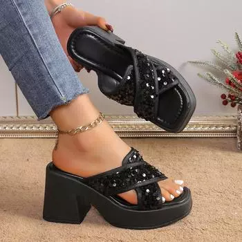 2024 Women Elegant Wedge Sandals Summer Pumps Platform Sandal Roman Crystal Peep Toe Sandal Ladies Glistening Slippers Plus Size 42 35
