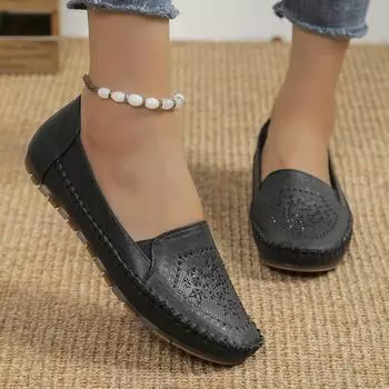 2024 Women Leather Shoes Autumn Elegant Crystal Ballerina Flat Shoes Round Toe Hollow Fashion Soft Sole Slip-On Loafers Female 36 хаки