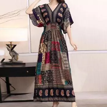 2024 Женское длинное платье весна-лето в богемном стиле с короткими рукавами и V-образным вырезом Дышащие винтажные качели с тонкой талией Пляжное платье-миди Отпускная женская одежда M зелёный