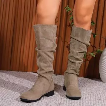 2024 Women Mid Calf Boots Retro High Heels Solid Color Women Shoes Round Toe Rome Females Low Heels Boots Botas De Mujer 37 хаки