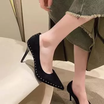 2024 Women Pumps Fashion Classic Flock Sexy Slim rivet 9CM High Heels Shoes Pointed Toe Wedding Women Dress Shoes 34 чёрный